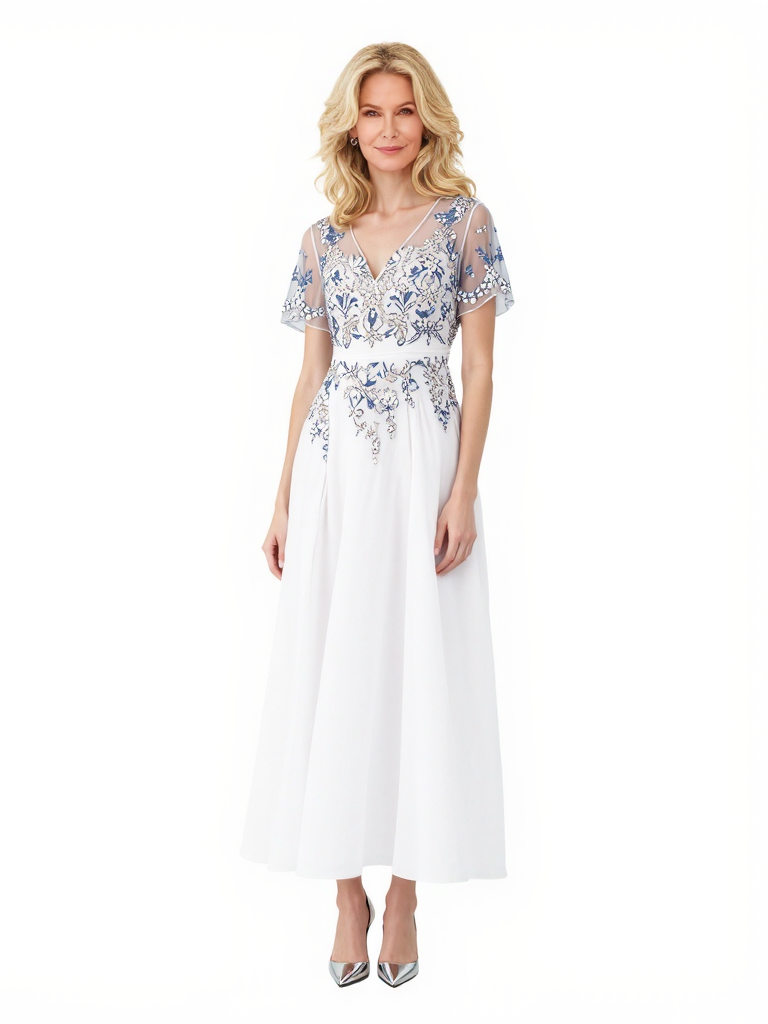 Elegant Chiffon Short Sleeves V-Neck A-Line Lace Ankle-Length Mother of The Bride Dresses