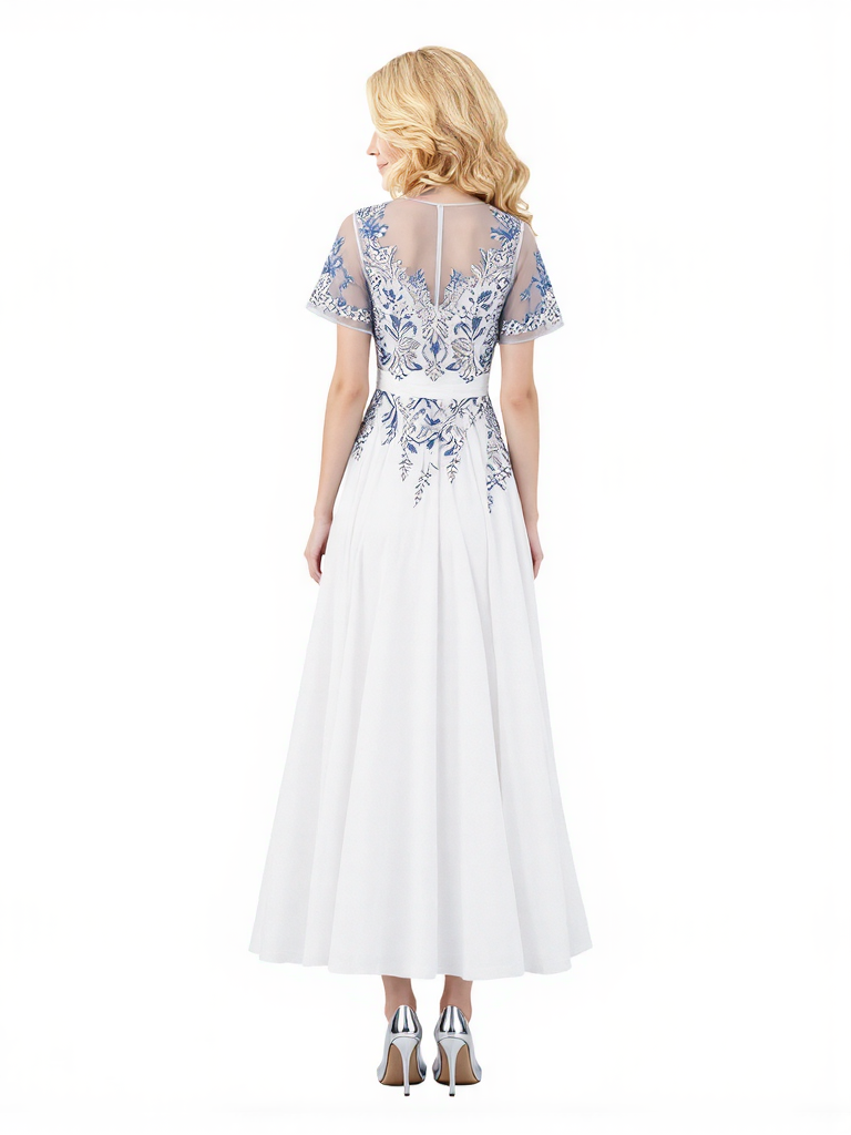 Elegant Chiffon Short Sleeves V-Neck A-Line Lace Ankle-Length Mother of The Bride Dresses