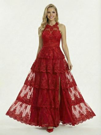 Halter Lace Applique Tiered Tulle A-Line Prom Dress with Slit