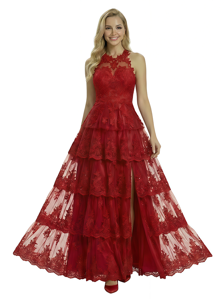 ChicSew Cute Tiered Lace Ruffles Side Slit A-Line Maxi Long Prom Dress Online