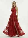 Halter Lace Applique Tiered Tulle A-Line Prom Dress with Slit
