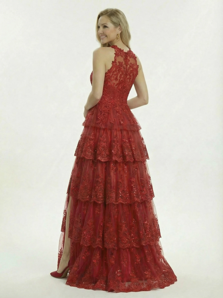 Halter Lace Applique Tiered Tulle A-Line Prom Dress with Slit