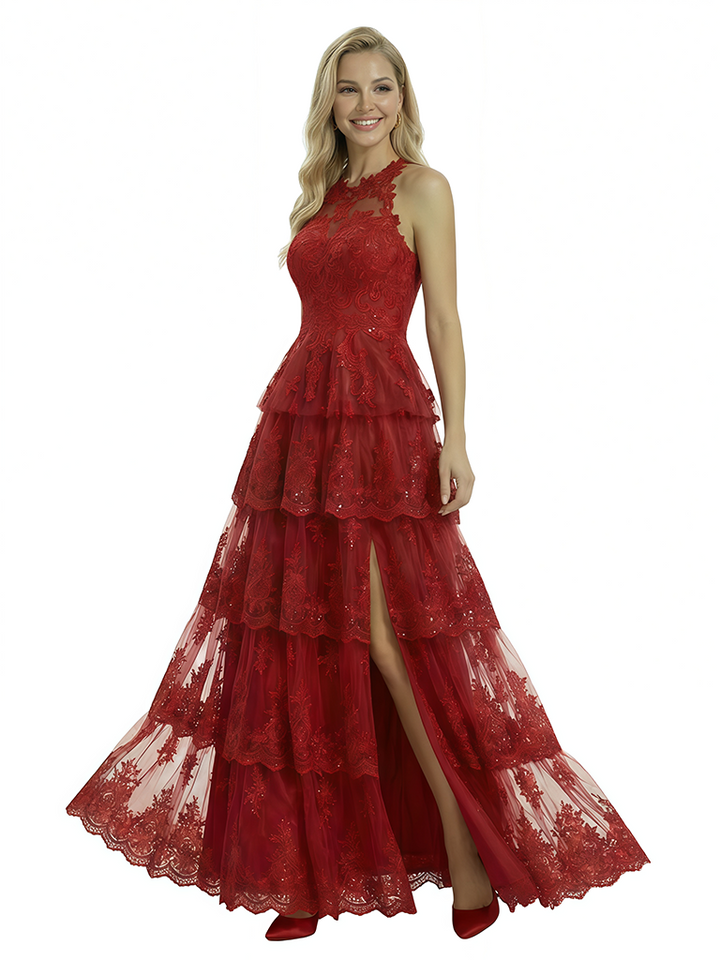 ChicSew Cute Tiered Lace Ruffles Side Slit A-Line Maxi Long Prom Dress Online