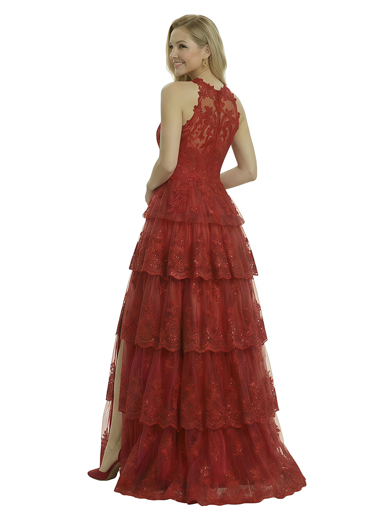 ChicSew Cute Tiered Lace Ruffles Side Slit A-Line Maxi Long Prom Dress Online