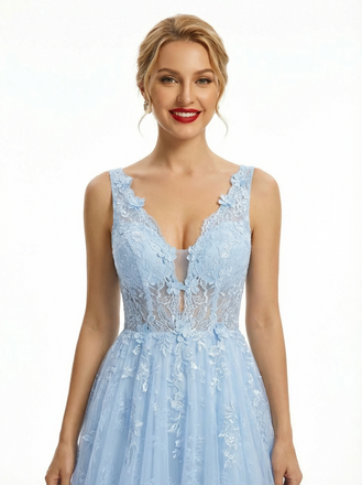 Elegant Lace Applique V-neck A Line Tulle Prom Dress with Slit
