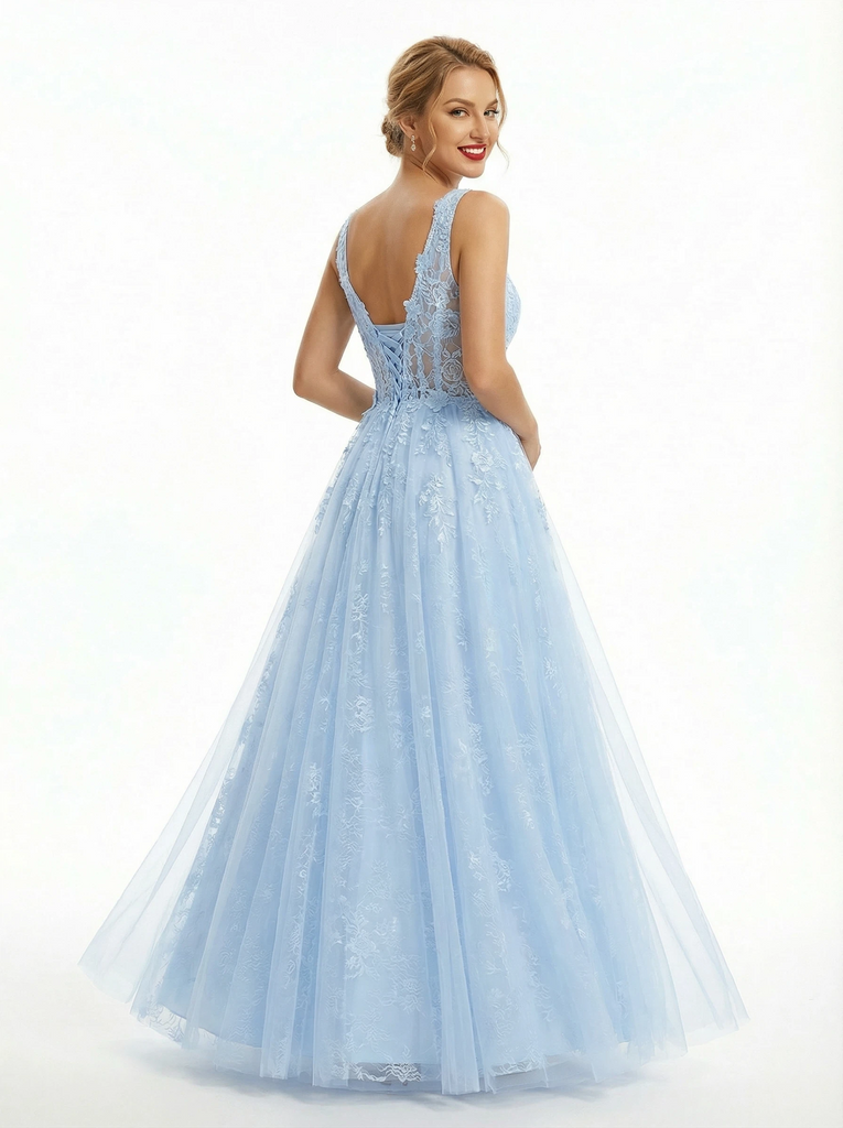 Elegant Lace Applique V-neck A Line Tulle Prom Dress with Slit