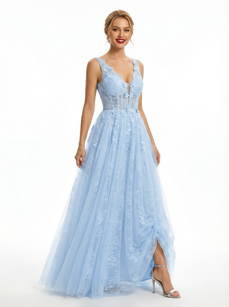 Elegant Lace Applique V-neck A Line Tulle Prom Dress with Slit