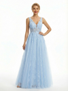 Elegant Lace Applique V-neck A Line Tulle Prom Dress with Slit