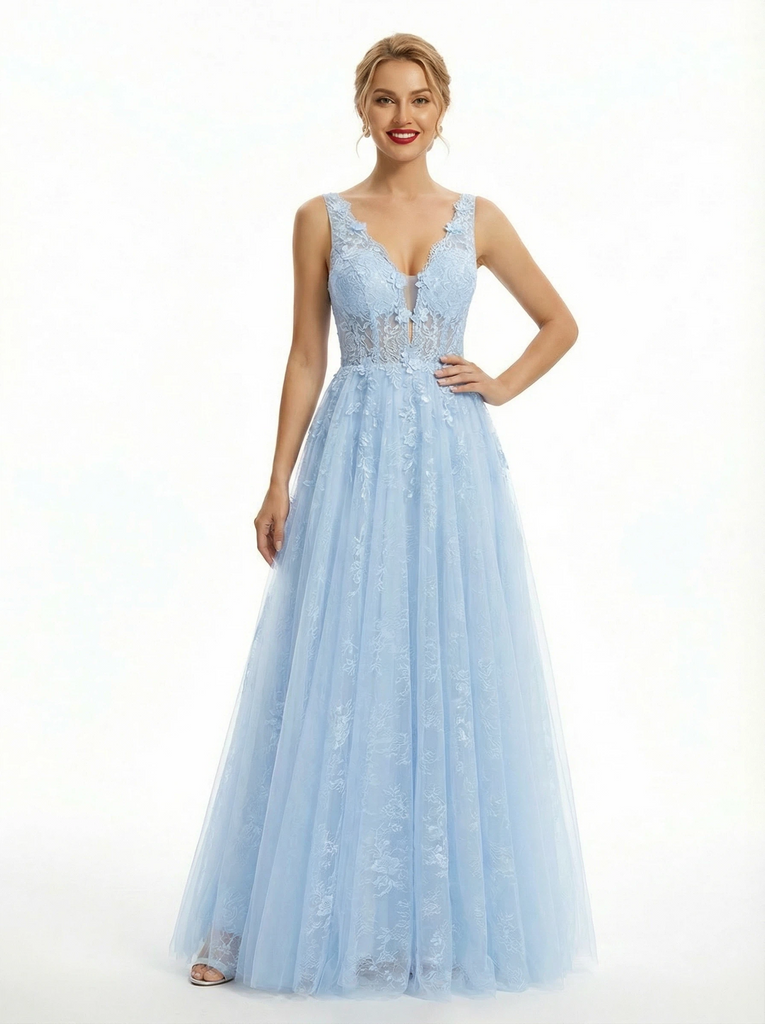 Elegant Lace Applique V-neck A Line Tulle Prom Dress with Slit