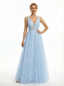 Elegant Lace Applique V-neck A Line Tulle Prom Dress with Slit