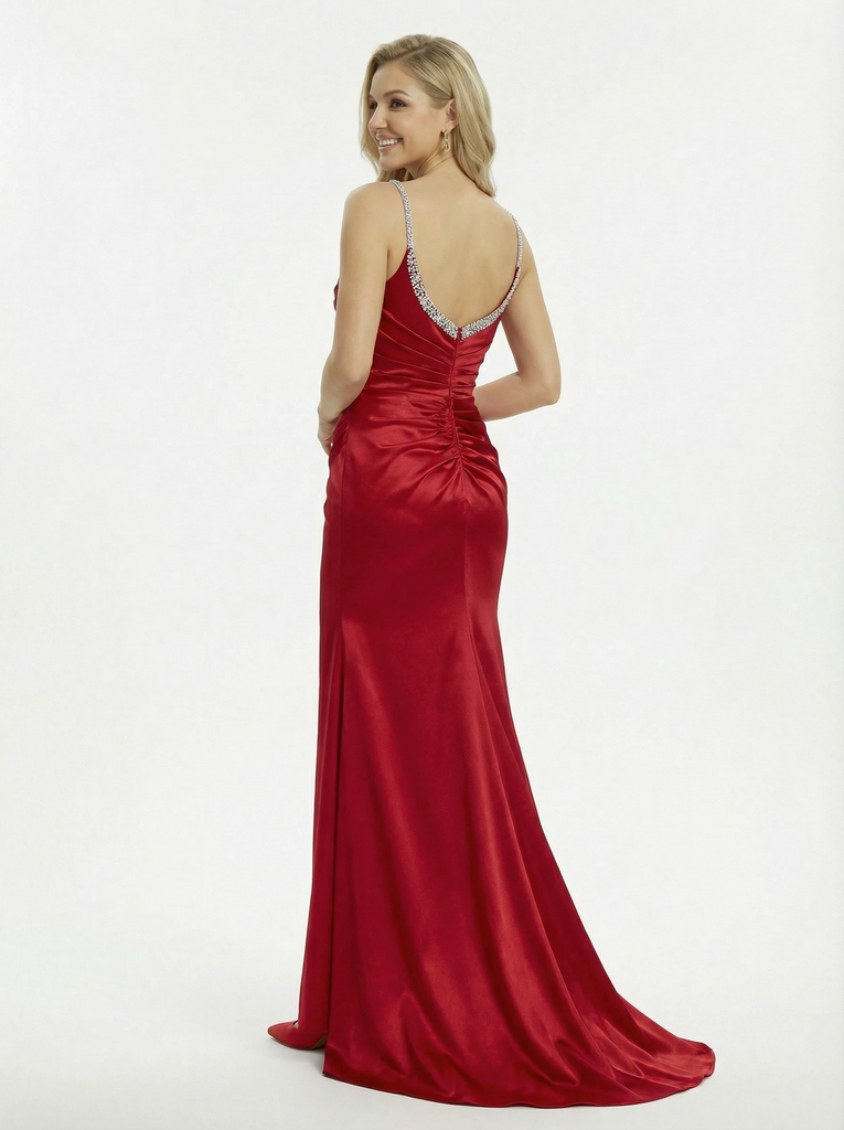 Saprkly Beaded Mermaid Cold Shoulder Satin Evening Gown