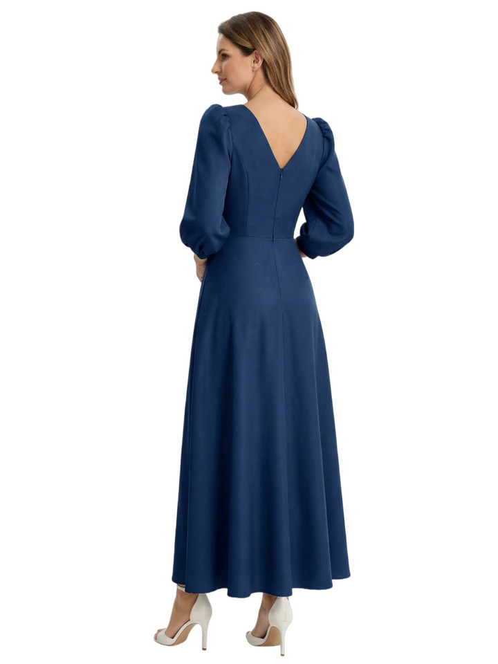 Fancy 3/4 Sleeves V-Neck Chiffon Mother Of The Bride Dress Ruched Maxi Formal Gown