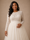 ChicSew Elegant Jewel Long Sleeves A-Line Lace Appliques Tulle Maxi Wedding Dress