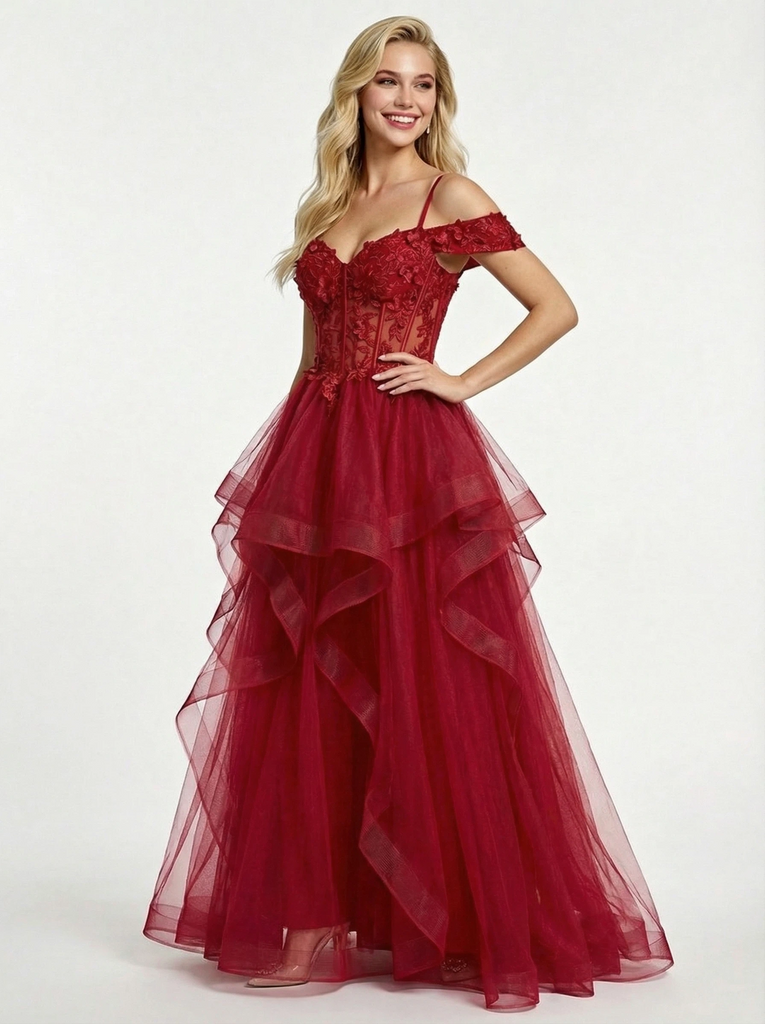 Romantic Lace Corset A Line Tiered Tulle Prom Gown