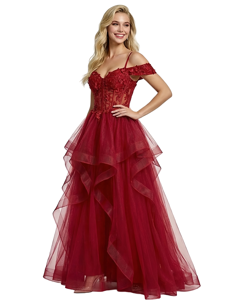 ChicSew Beautiful Lace Corset Cold Shoulder Ruched A-Line Long Prom Dress