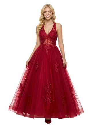 ChicSew Sexy V-Neck Halter Lace Appliques A-Line Floor Length Prom Dress