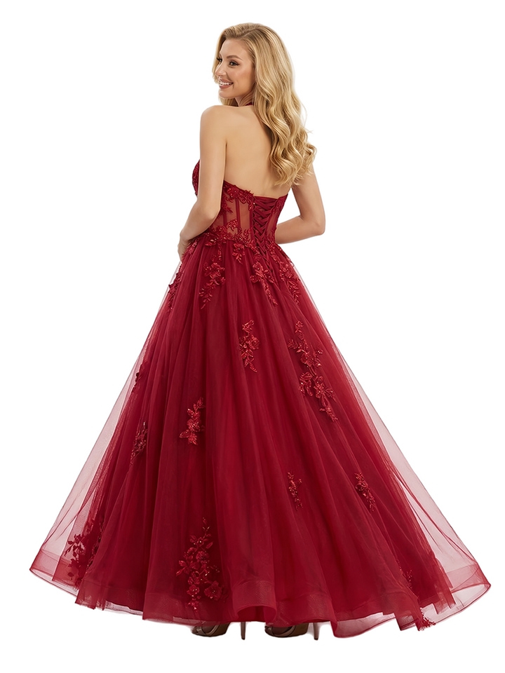 ChicSew Sexy V-Neck Halter Lace Appliques A-Line Floor Length Prom Dress