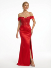 Elegant Off the Shoulder Satin Mermaid Prom Dress with Slit