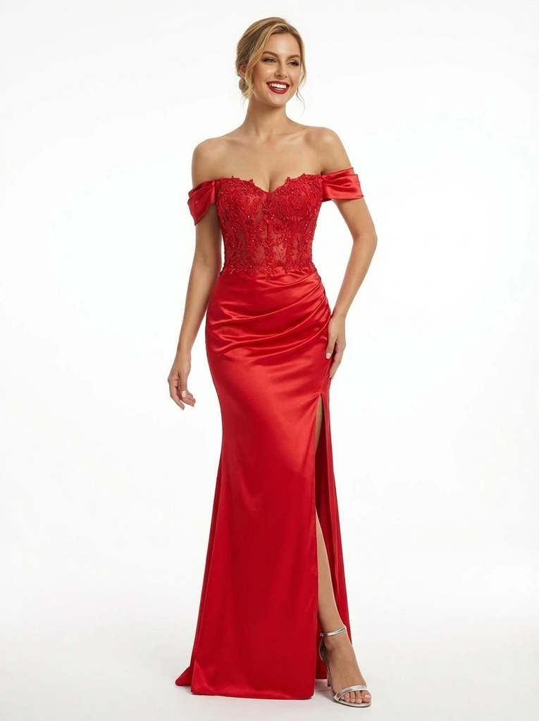 Elegant Off the Shoulder Satin Mermaid Prom Dress with Slit