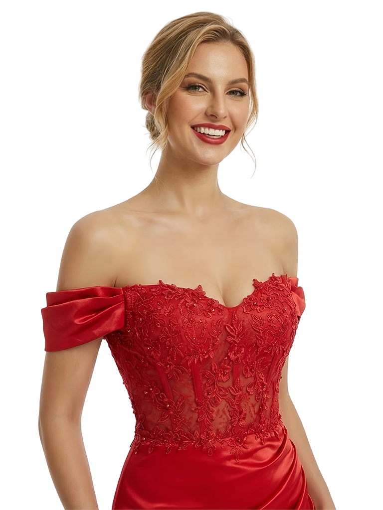 ChicSew Unique Off Shoulder Sleeveless Side Slit Satin Floor Length Mermaid Formal Evening Dress