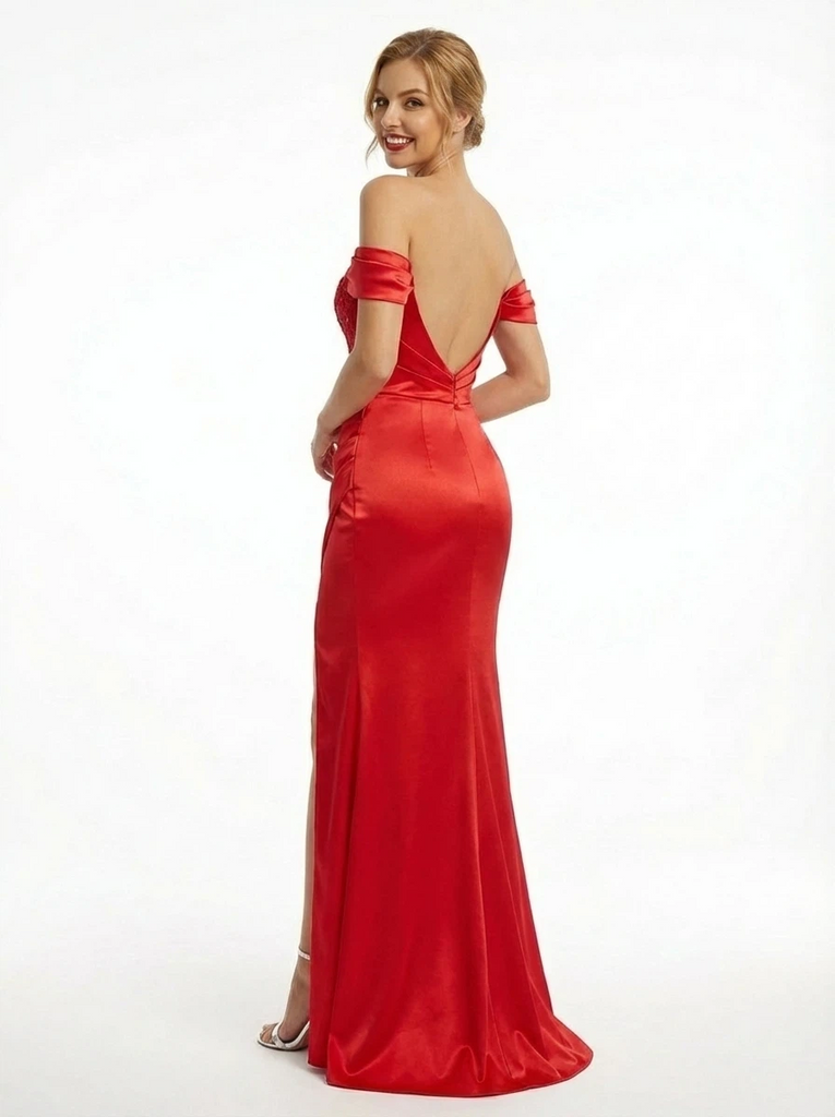 Elegant Off the Shoulder Satin Mermaid Prom Dress with Slit