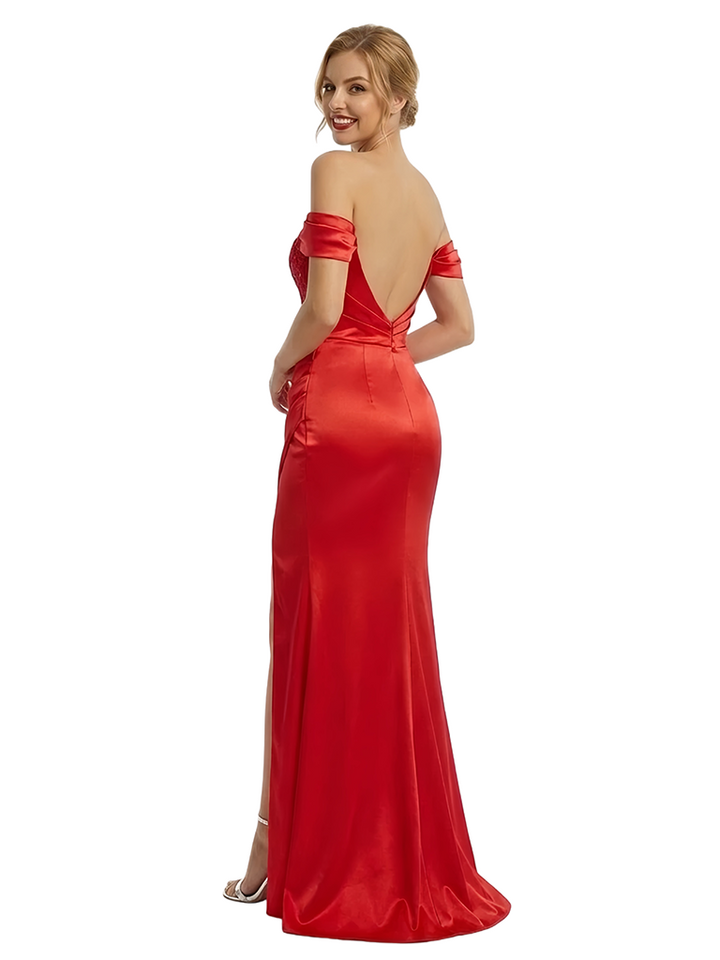 ChicSew Unique Off Shoulder Sleeveless Side Slit Satin Floor Length Mermaid Formal Evening Dress