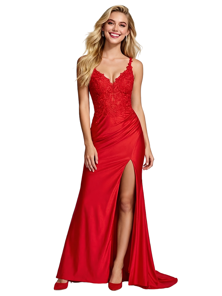 ChicSew Sexy Mermaid Lace Applique Satin Prom Dress with Slit