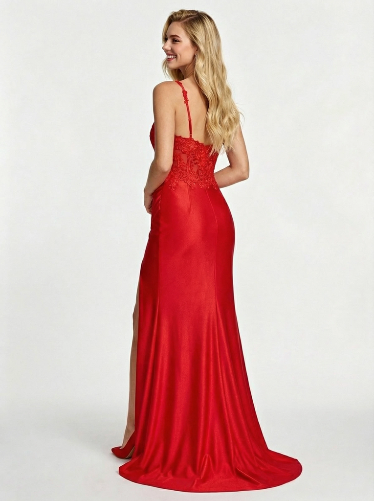 Sexy Mermaid Lace Applique Satin Prom Dress with Slit