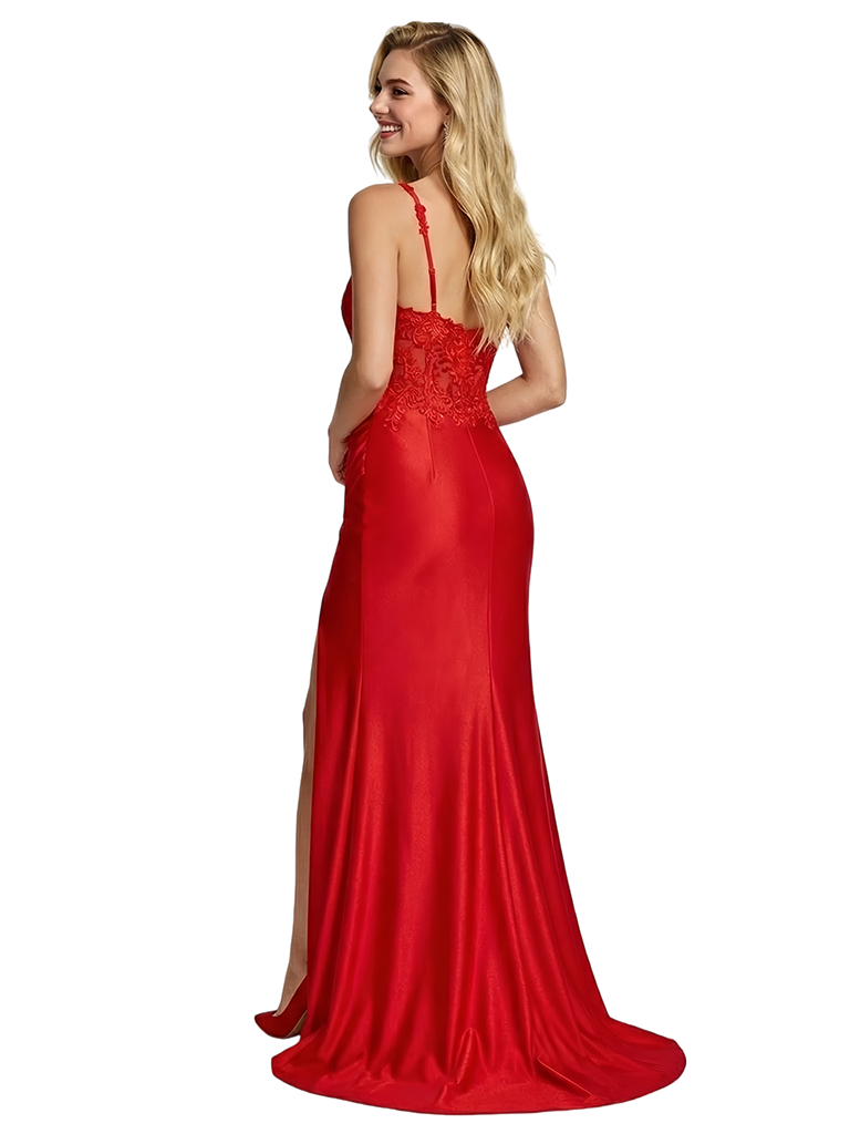 ChicSew Sexy Mermaid Lace Applique Satin Prom Dress with Slit