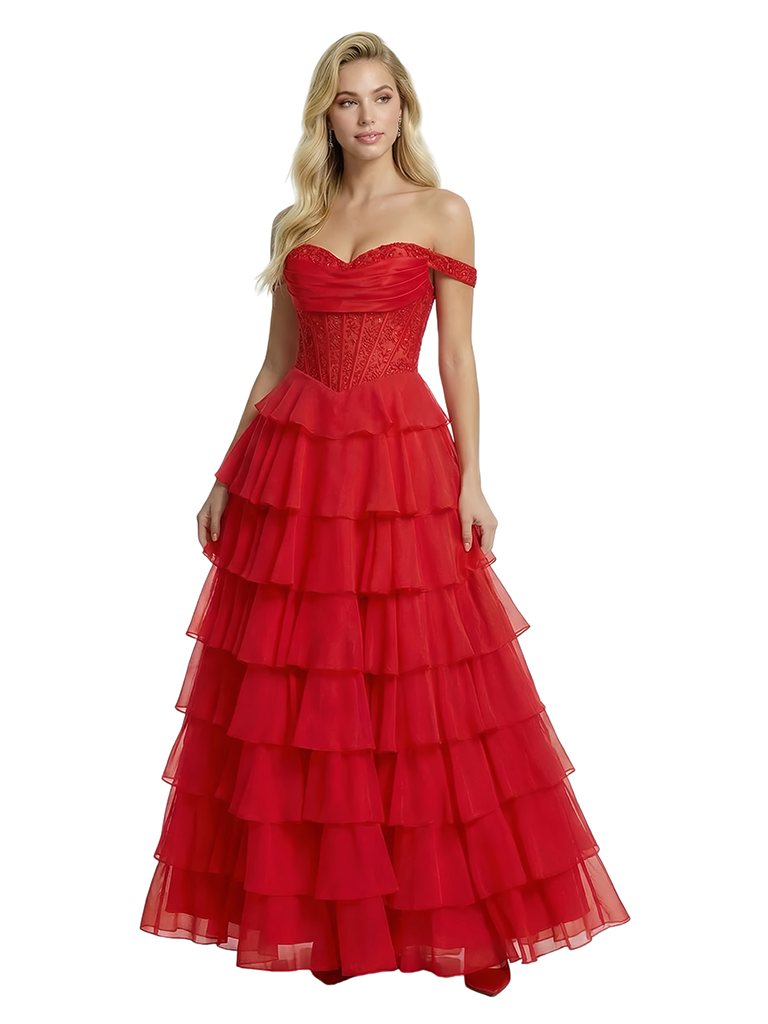 ChicSew Stunning Chiffon Off the Shoulder Tiered Ruffles A-line Prom Dresses