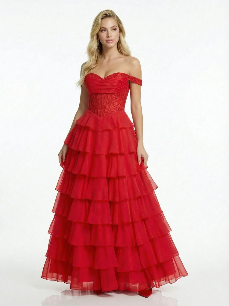 Stunning Chiffon Off the Shoulder Tiered Ruffles A-line Prom Dresses