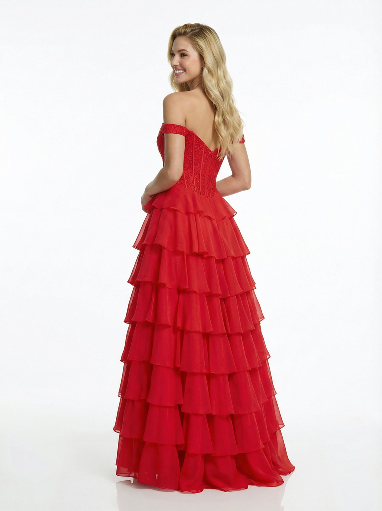 Stunning Chiffon Off the Shoulder Tiered Ruffles A-line Prom Dresses