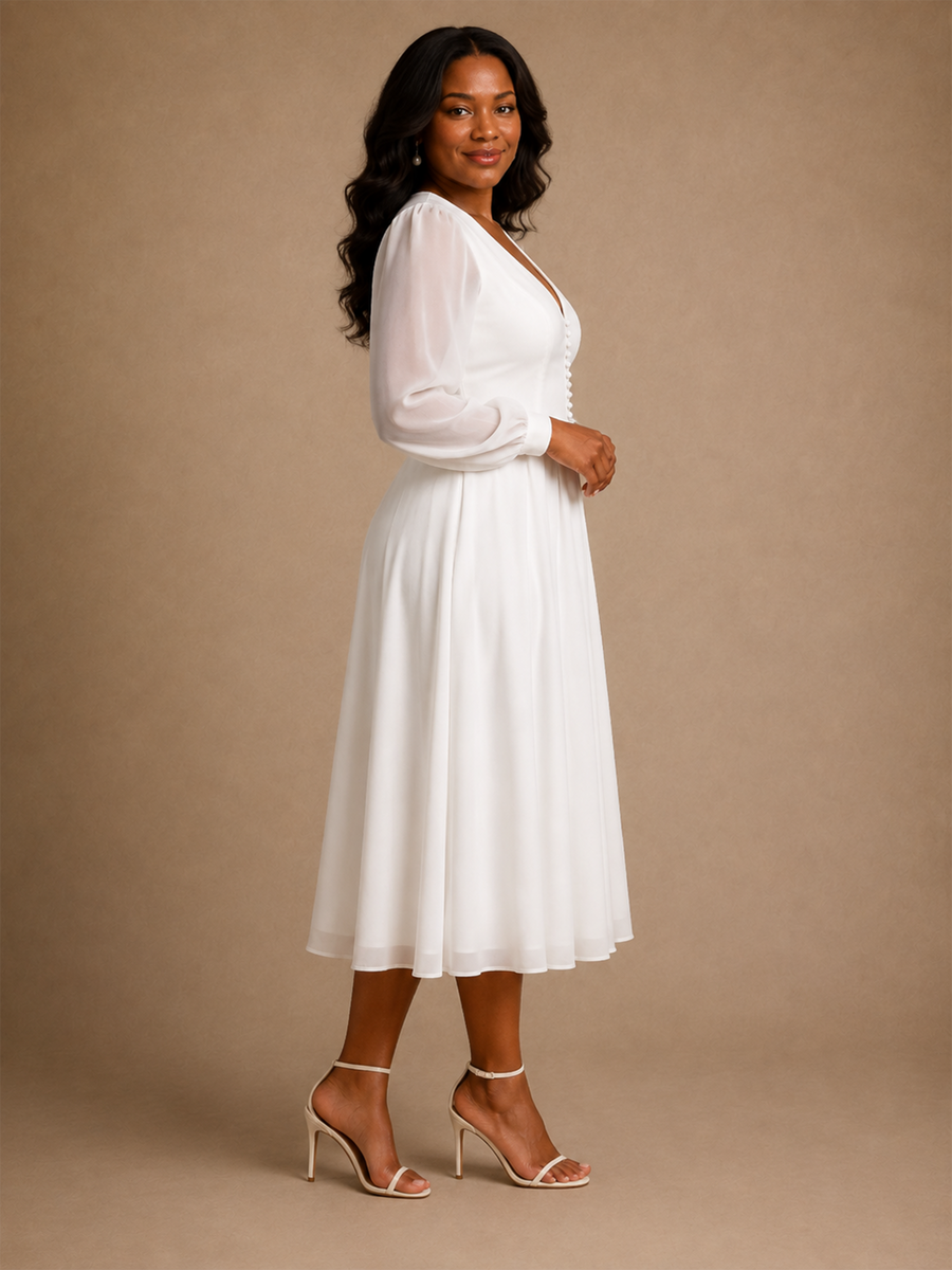 ChicSew Elegant Simple V-Neck Long Sleeves Chiffon A-Line Tea-Length Wedding Dress