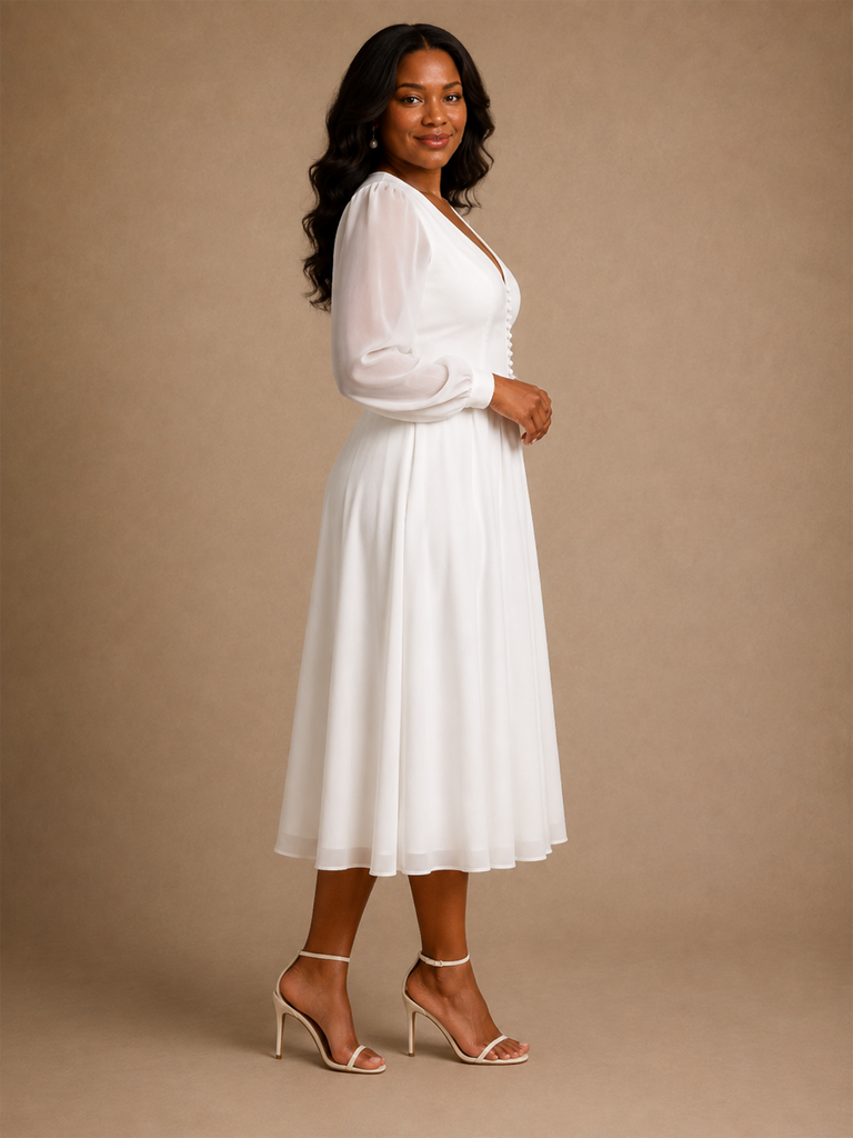 ChicSew Elegant Simple V-Neck Long Sleeves Chiffon A-Line Tea-Length Wedding Dress