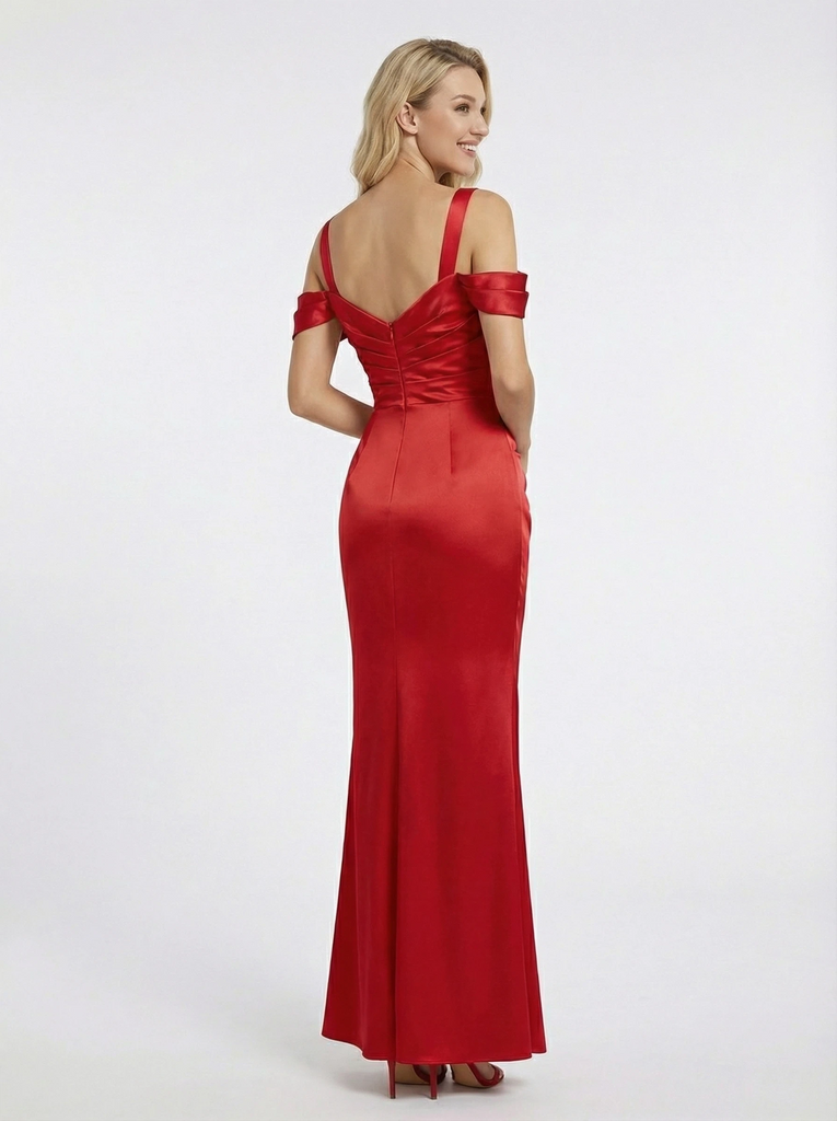 Elegant Satin Off the Shoulder Pleated Mermaid Prom Dress