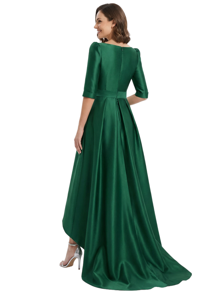 Chicsew Unique High-Low Satin Mother of The Groom Dress Half Sleeves A-Line Fancy Formal Evening Wear