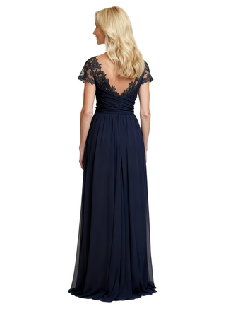 Elegant Short Sleeves V-Neck Lace Chiffon A-line Mother of The Bride Dresses