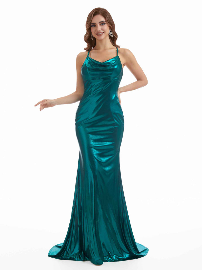 Sexy Mermaid Spaghetti Straps Metallic Stretch Shiny Fabric Long Bridesmaid Dresses Online