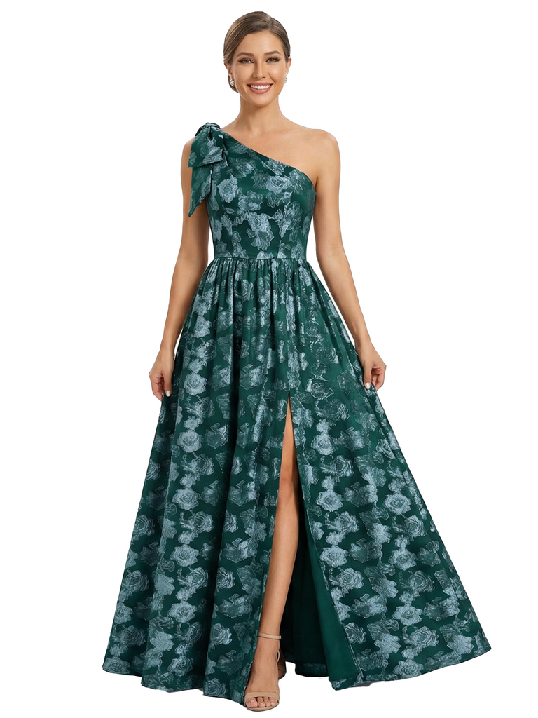 Elegant One Shoulder Bow Knot Floral Burnout Chiffon A-Line Formal Evening Dresses