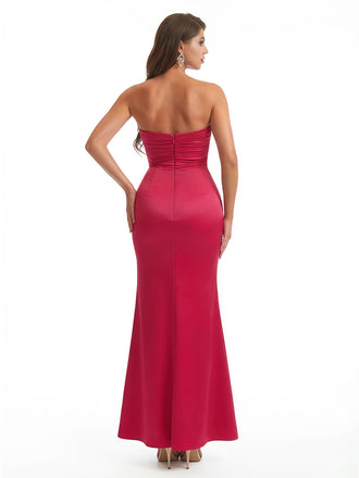 Sexy Sweetheart Strapless Mermaid Ruched Satin Long Evening Gown Dresses Side Slit