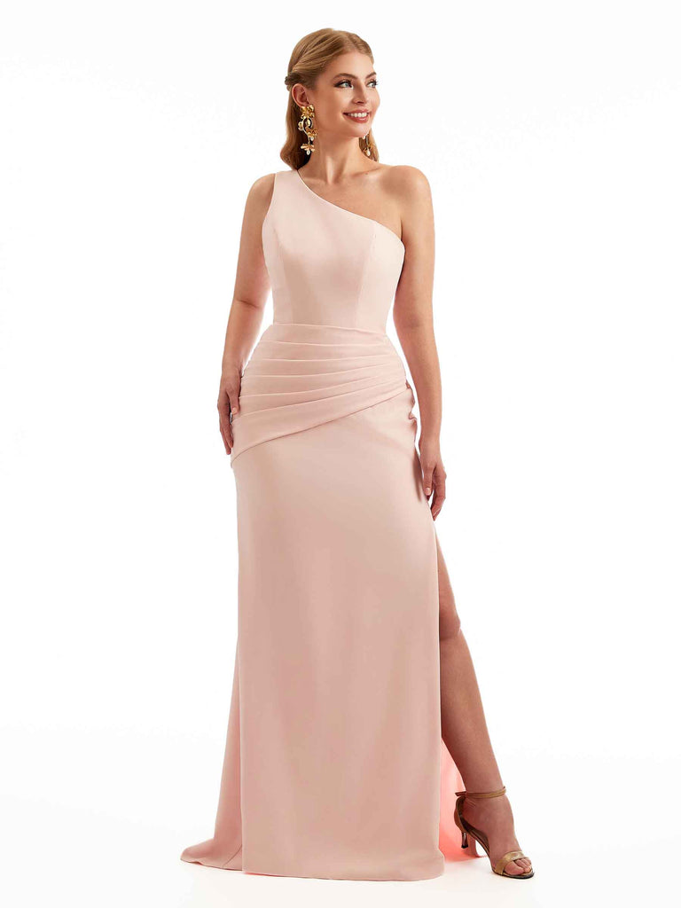 Simple Side Split One Shoulder Stretchy Crepe Long Formal Bridesmaid Dresses