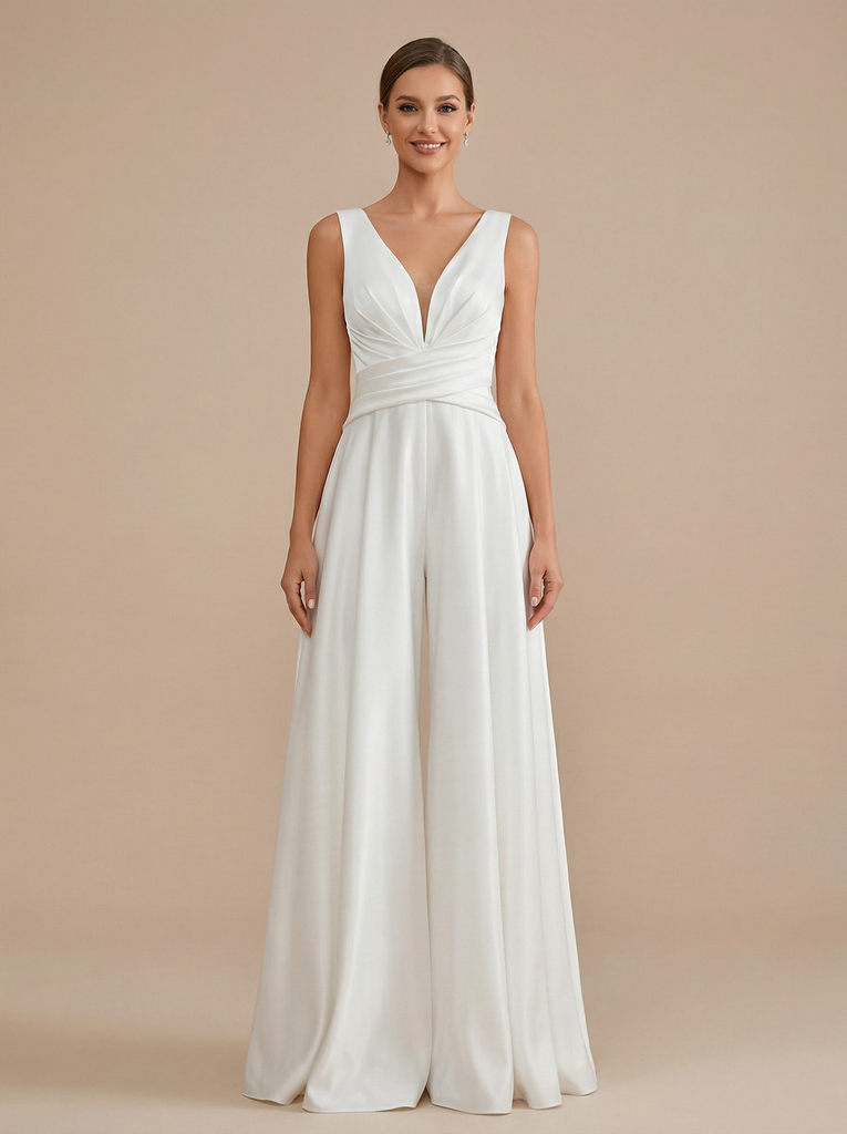 Jumpsuit V-neck Sleeveless Maxi Long Wedding Gowns