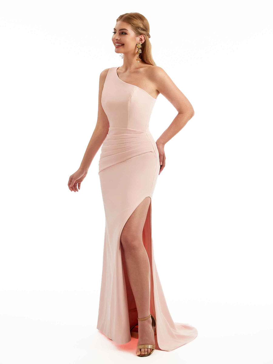 Simple Side Split One Shoulder Stretch Crepe Long Chic Bridesmaid Dresses Online
