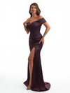 Sexy Off The Shoulder Boning Mermaid Satin Ruched Long Bridesmaid Dresses Side Slit