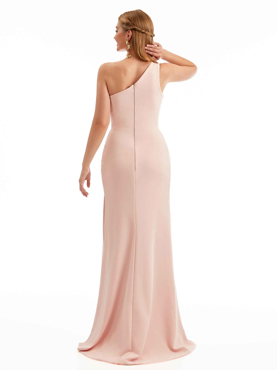 Simple Side Split One Shoulder Stretch Crepe Long Chic Bridesmaid Dresses Online