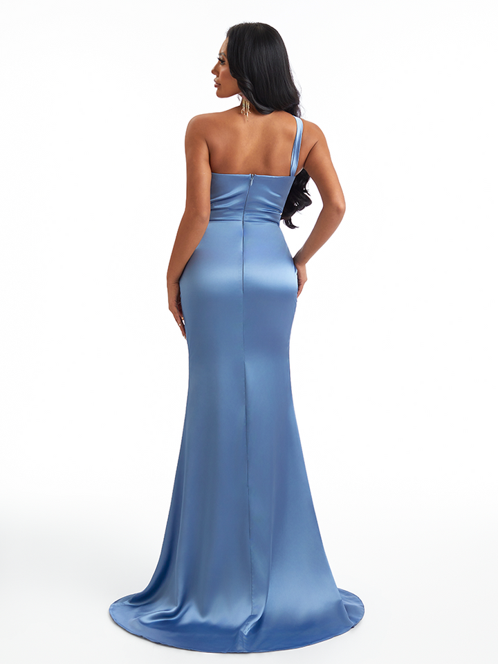 Sexy Mermaid One Shoulder Side Slit Soft Satin Long Bridesmaid Dresses Online