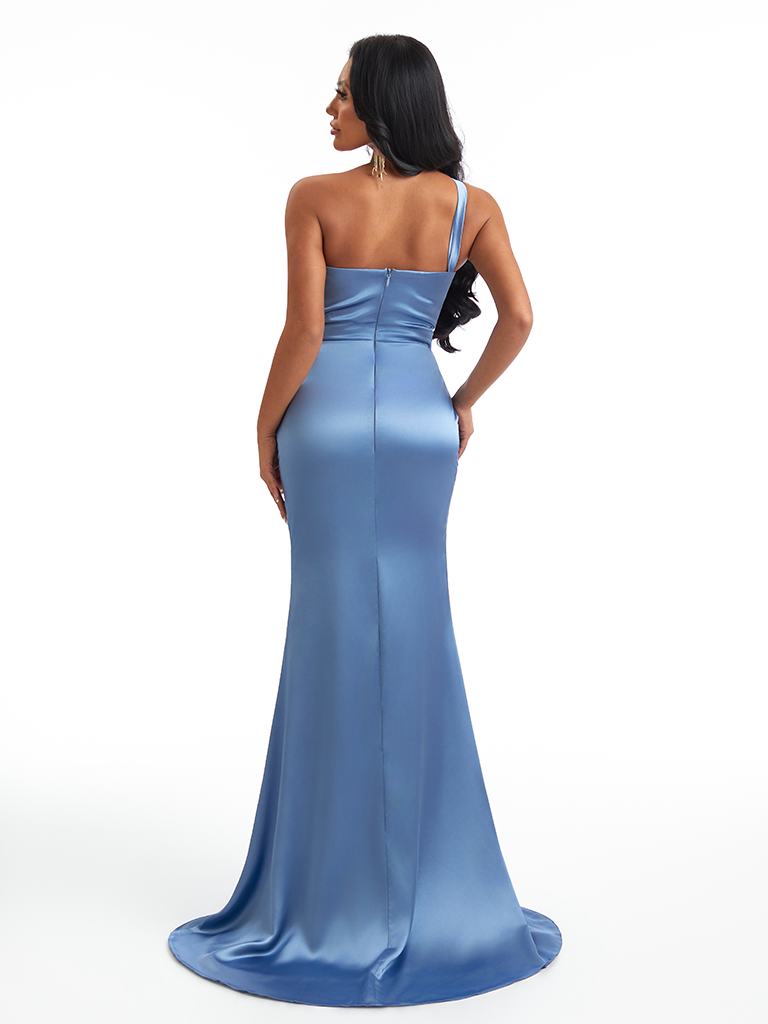 Sexy Mermaid One Shoulder Side Slit Soft Satin Long Bridesmaid Dresses Online