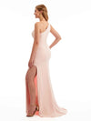 Simple Side Split One Shoulder Stretchy Crepe Long Formal Bridesmaid Dresses