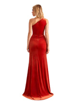 Sexy Mermaid One Shoulder Side Slit Velvet Long Bridesmaid Dresses