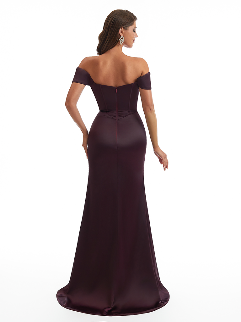 Sexy Off The Shoulder Boning Mermaid Satin Ruched Long Bridesmaid Dresses Side Slit